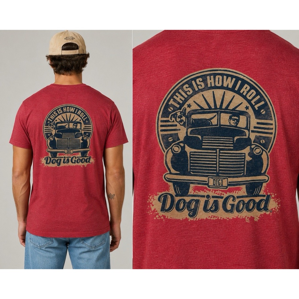 Dog Is Good Mens Large Graphic T Shirt Retro Truck Dog Heather Red Americana Tee